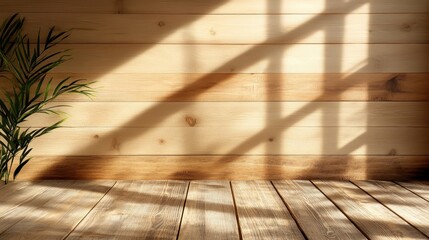 Poster - A close-up of a wooden wall casting beautiful shadows from a nearby plant, creating a warm and inviting atmosphere ideal for cozy interiors and modern decor.