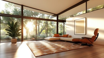 Poster - A spacious and bright living room bathed in sunlight, featuring elegant furniture and decor that evokes a sense of warmth, comfort, and a connection to nature outside.
