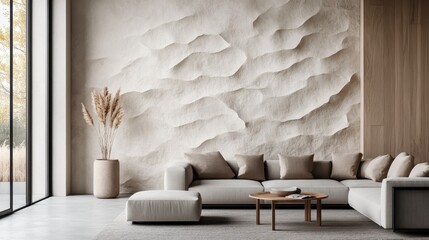 Poster - An elegant contemporary lounge interior featuring textured walls, minimal decor, and a cozy atmosphere, highlighting modern design principles and comfort in everyday life.
