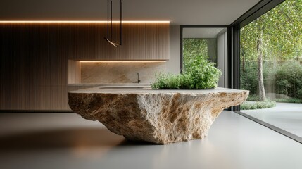 Poster - This contemporary kitchen features a striking stone island that blends natural elements with modern design, enhancing the overall aesthetic and functionality of the space.