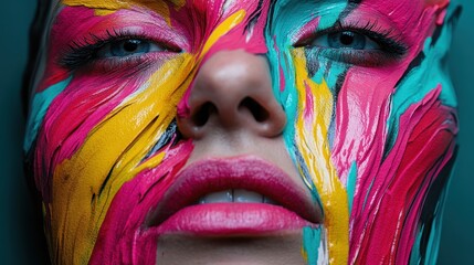 Poster - A close-up of a person’s face covered in vibrant paint, showcasing a vivid mix of colors that express creativity and emotion through modern artistic methods and techniques.