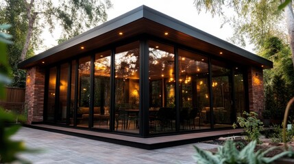 Poster - A stylish glass house exudes warmth and elegance during twilight, showcasing modern architecture integrated with nature, reflecting contemporary living.