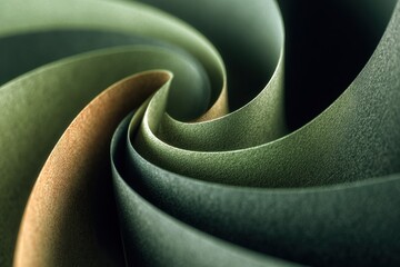 Poster - Abstract macro shot of curving green and tan paper forming spiral shape showing shadow and light creating visual texture