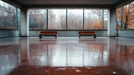Poster - A contemporary waiting area featuring minimalist wooden benches and a glossy reflective floor, creating an atmosphere of calm and tranquility in an urban setting.