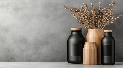 Poster - A chic arrangement of black and wooden vases filled with dried flowers set against a gray backdrop, showcasing modern decor and aesthetic simplicity.