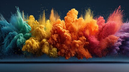 Poster - Rainbow splash of colorful paint spreads across a dark surface with drops and vibrant colors showing a dynamic art form