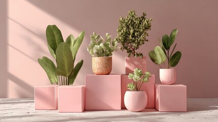 Poster - Variety of green potted plants and pink flowers arranged on pink geometric platforms against a light pink background