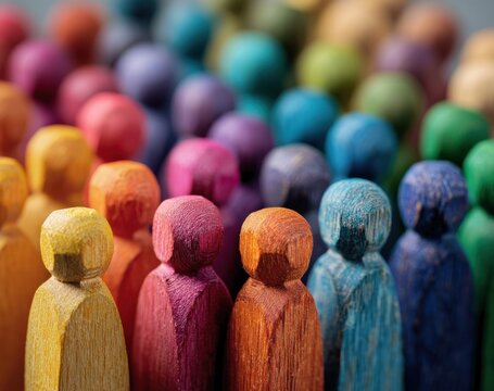 Diverse wooden figures in a spectrum of colors stand united, representing community and inclusion.