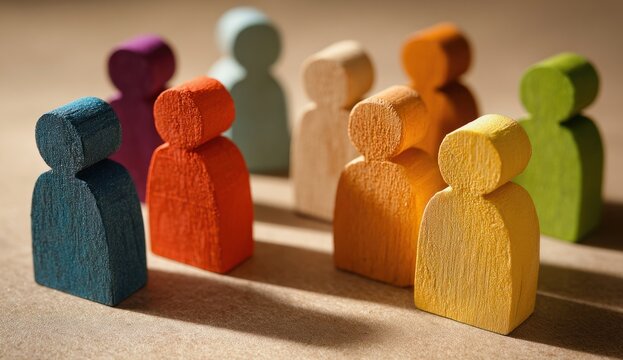 Diverse wooden figures in vibrant colors stand together, symbolizing unity and individuality within a group.