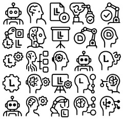 Poster - A collection of intricate and illustrative line art icons representing artificial intelligence, robotic automation, and digital brain.