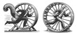 © Oleksandr Pokusai - man and squirrel in business suits running inside hamster wheels, corporate rat race Set collection bundle sketch engraving generative ai vector illustration. Scratch board. Black and white image.