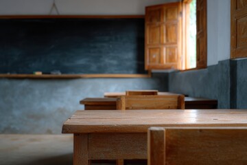 Wall Mural - classroom interior with desks, chalkboard, and books neatly arranged