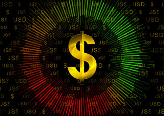 Poster - Golden dollar sign with circular chart showing financial growth and decline on black background. Vector graphic design
