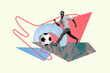 © deagreez - Contemporary artwork collage of happy guy goalkeeper run football game player push ball competition international tournament