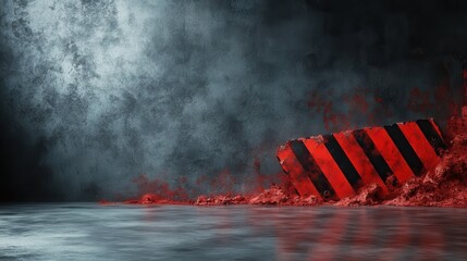 Poster - A dramatic image of a red and black barrier partially submerged in a sea of red, creating an intense and evocative atmosphere that suggests danger and disruption.