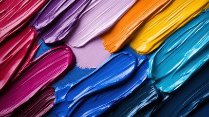 Poster - A close-up view of an array of thick, vibrant paint strokes in various colors, showcasing texture and creativity, perfect for artwork or artistic inspiration.