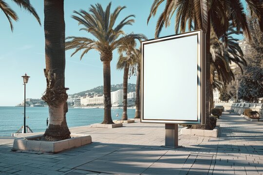Tall Blank Billboard Set by a Tranquil Seafront, Perfect for Eye Catching Advertisements