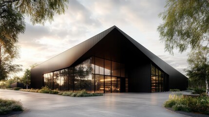 Poster - A sleek, modern building with large glass windows reflects the beautiful sunset, creating a striking visual effect with a backdrop of greenery and a tranquil path.