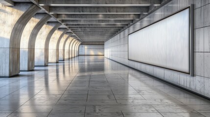 Poster - A spacious and minimalist gallery corridor features elegant archways and soft natural light illuminating the concrete surfaces, creating a serene atmosphere for art appreciation.