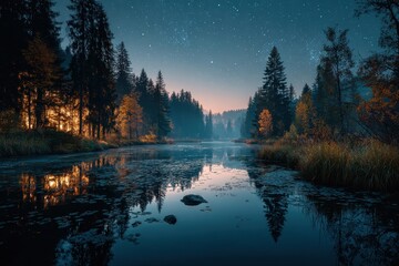 Aufkleber - Scenic landscape of a forest at dusk with tall Evergreen trees silhouetted against the twilight sky and fog rolling through the distant hills