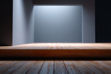 Wall Mural - modern empty auditorium stage with wooden flooring and neutral gray backdrop