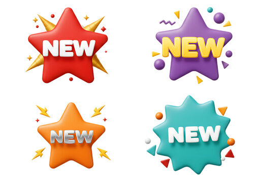 Colorful 3 D Star New Badges isolated on a transparent background