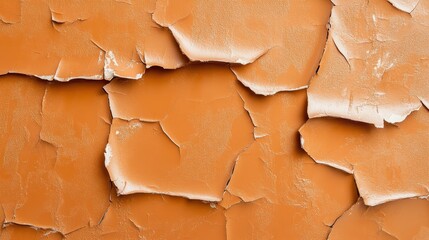 Poster - A close-up view of a wall covered with cracked orange paint, creating an interesting abstract design that evokes a sense of decay and artful imperfection in textures.