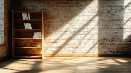 Poster - This image features a modern wooden shelf displaying books, beautifully lit by sunlight streaming through a large window, creating a warm and inviting atmosphere in the room.