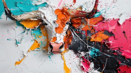 Poster - This abstract artwork features a bull's face, vividly painted with bright colors and thick textures, symbolizing strength, creativity, and artistic expression in contemporary art.