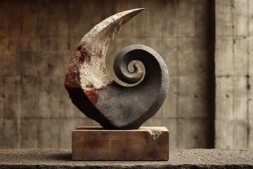 Poster - Stone spiral sculpture on a concrete base showcases a unique design and texture, emphasizing artistic form and minimalistic presentation
