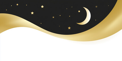 Poster - Elegant gold wave design with moon and stars on a dark background, creating a serene atmosphere, perfect for invitations or decorative elements in various projects