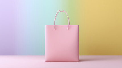 Poster - Pink shopping bag with handles is placed on a pastel surface, against a soft gradient background of purple and yellow, creating a vibrant and modern retail atmosphere