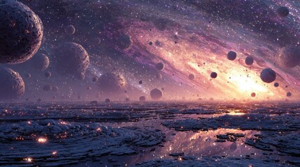Poster - Surreal landscape shows planets, nebula, and light reflecting on water, creates a cosmic dreamy aesthetic, evokes fantasy, sci-fi, and exploration of the universe