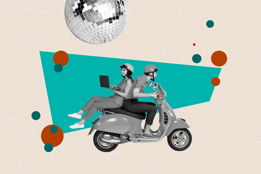 Creative image collage of people dancing under glitter disco ball on pastel teal color background