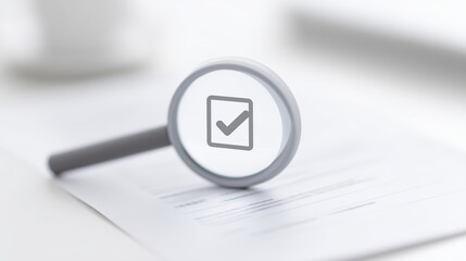Poster - Magnifying glass focusing on a document with a checkmark symbol, illustrating the concept of verification, clarity, and attention to detail in paperwork and documentation processes