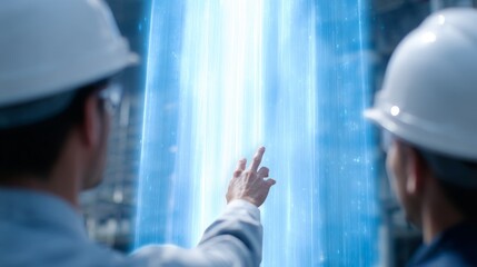 Aufkleber - Two engineers observing a digital display in a futuristic setting. They are wearing hard hats and pointing at a glowing projection. This image captures innovation and modern technology in action. AI