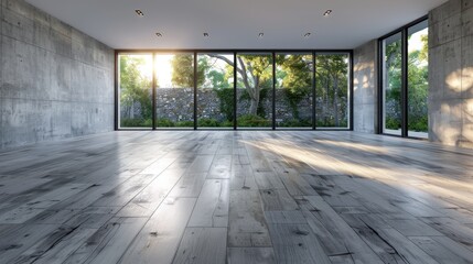 Poster - A bright and spacious modern room showcasing floor-to-ceiling windows that invite natural light and the beauty of the outdoors, emphasizing minimalistic design and functionality.