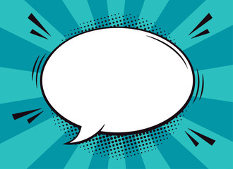 Aufkleber - Blank comic speech bubble text template in retro pop art style with halftone dots, motion lines, quotation marks and blue colored ray background. Vector illustration.