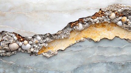 Poster - A stunning view showcasing sea shells and rocks, beautifully arranged with smooth layers, highlighting the beauty of nature and its delicate textures and colors.