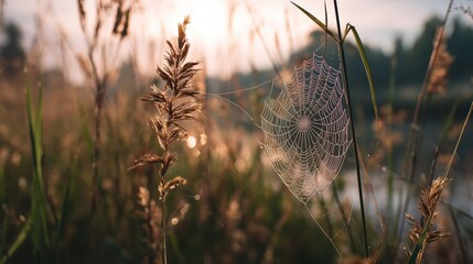 Wall Mural - Spiderweb dew net on grass with softly blurred dawn light