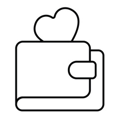 Poster - Leather wallet with heart thin line icon, charity concept. Vector graphics. Purse with love heart shaped coin, donation sign on white background, style mobile or design.