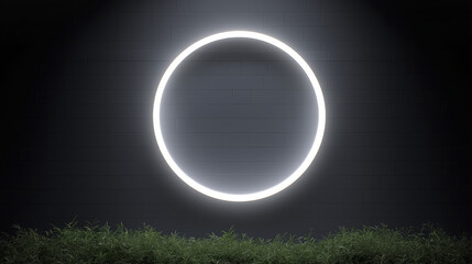Poster - Minimalist neon circle light fixture illuminating a dark wall, surrounded by lush greenery, creating a modern and serene atmosphere for contemporary design concepts