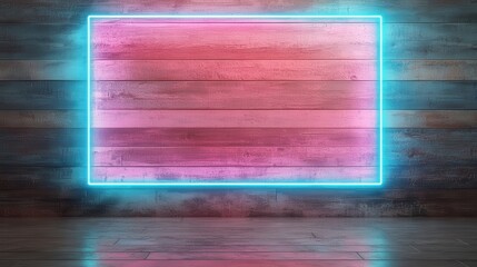 Poster - A glowing neon frame in shades of blue and pink stands out against a rustic wooden wall, creating a striking and modern aesthetic for various creative uses.