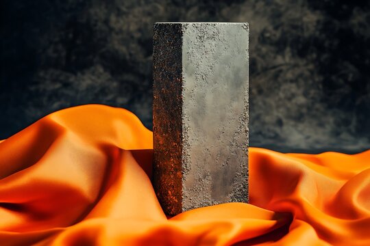 Modern display of textured monolith against orange silk background