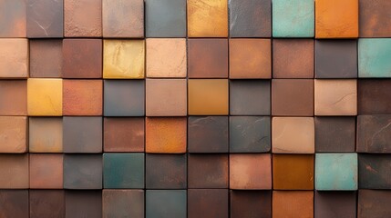 Poster - This vibrant image showcases a mosaic of square tiles in a variety of earthy tones and textures, creating a visually intriguing and artistic wall display that captivates viewers.