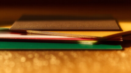 Poster - A close up view of stacked cards in green red and gold tones with a blurred background and soft lighting