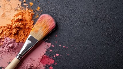 Poster - A visually striking arrangement of colorful makeup powders and a brush set against a dark surface, showcasing vibrant hues and artistic presentation for beauty concepts.