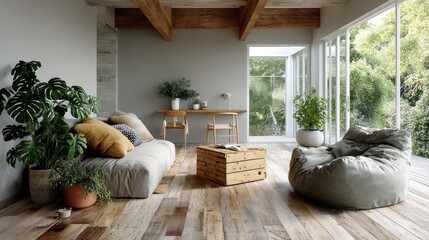 Poster - This image portrays a beautifully designed spacious living room filled with natural light, featuring stylish furniture and greenery, capturing modern living's essence and comfort.
