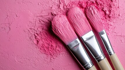 Poster - A set of three vibrant pink brushes arranged on a textured pink background, showcasing artistic tools ideal for creative endeavors and vibrant artistry.