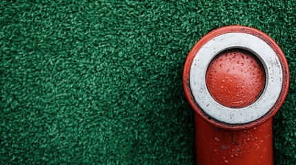 Poster - A close-up view of a red pipe end against a vibrant green backdrop, showcasing water droplets and a metallic ring, perfect for industrial or abstract themes.